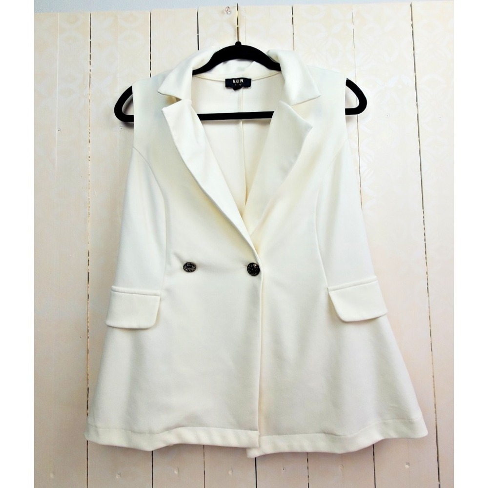AUW Cream White Sleeveless Double Breasted Blazer Vest Peplum Hem Pockets